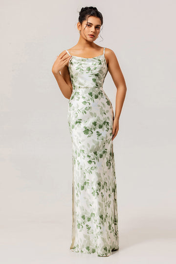 Green Floral Sheath Cowl Neck Bridesmaid Dress with Slit